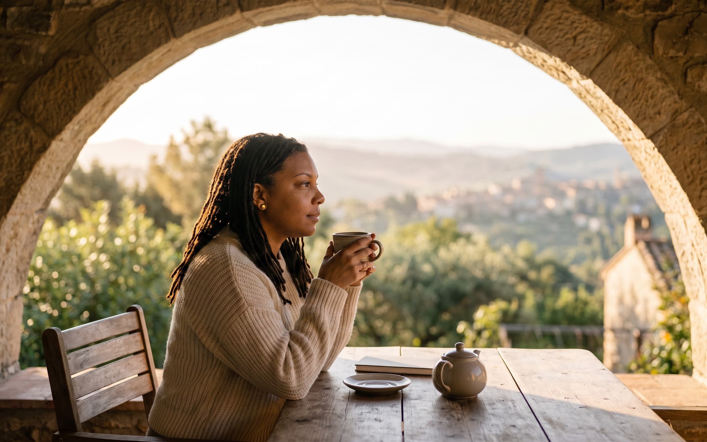 Denika holding a morning cup of coffee, looking out through a stone archway